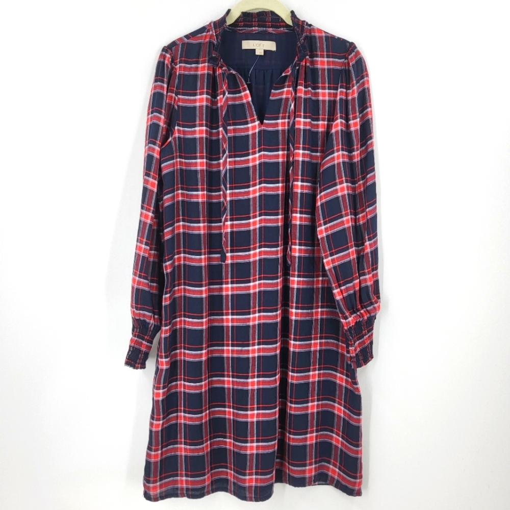 LOFT Dark Academia Knee Length Sheath Dress Mock Split Neck Smocked Plaid Small